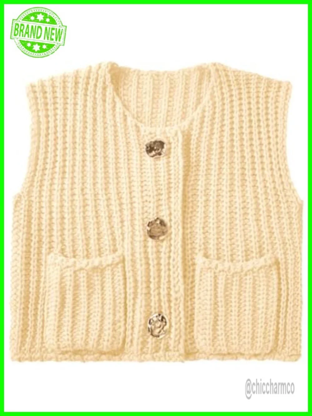 Cropped Sweater Vest Sleeveless Chunky Knit Cardigan Button Front Top with